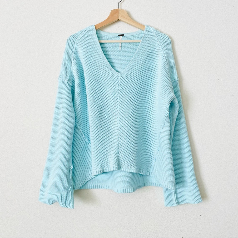 Free People Light Blue V-Neck Ribbed Sweater